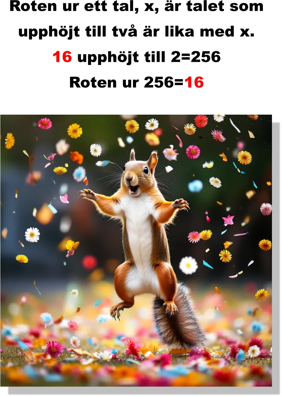 Roten ur ett tal, x, är talet som  upphöjt till två är lika med x. 16 upphöjt till 2=256 Roten ur 256=16